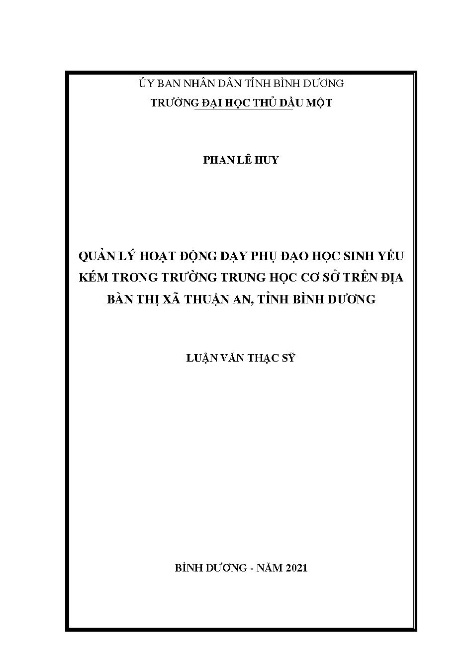 Quản lý hoạt động dạy phụ đạo học sinh yếu kém trong trường Trung học cơ sở trên địa bàn thị xã Thuận An, tỉnh Bình Dương