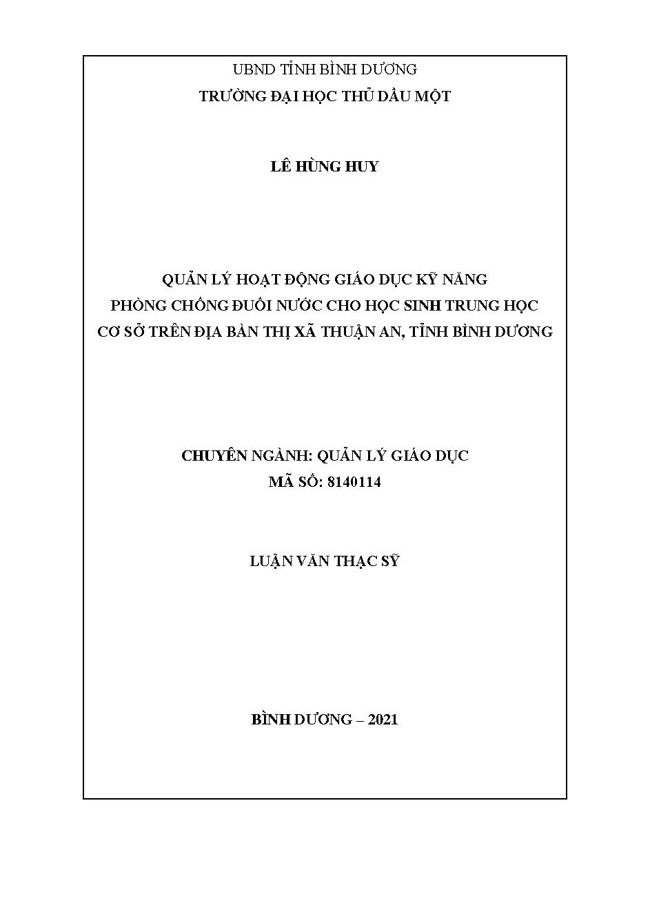 Quản lý hoạt động giáo dục kỹ năng phòng chống đuối nước cho học sinh trung học cơ sở trên địa bàn thị xã Thuận An, tỉnh Bình Dương