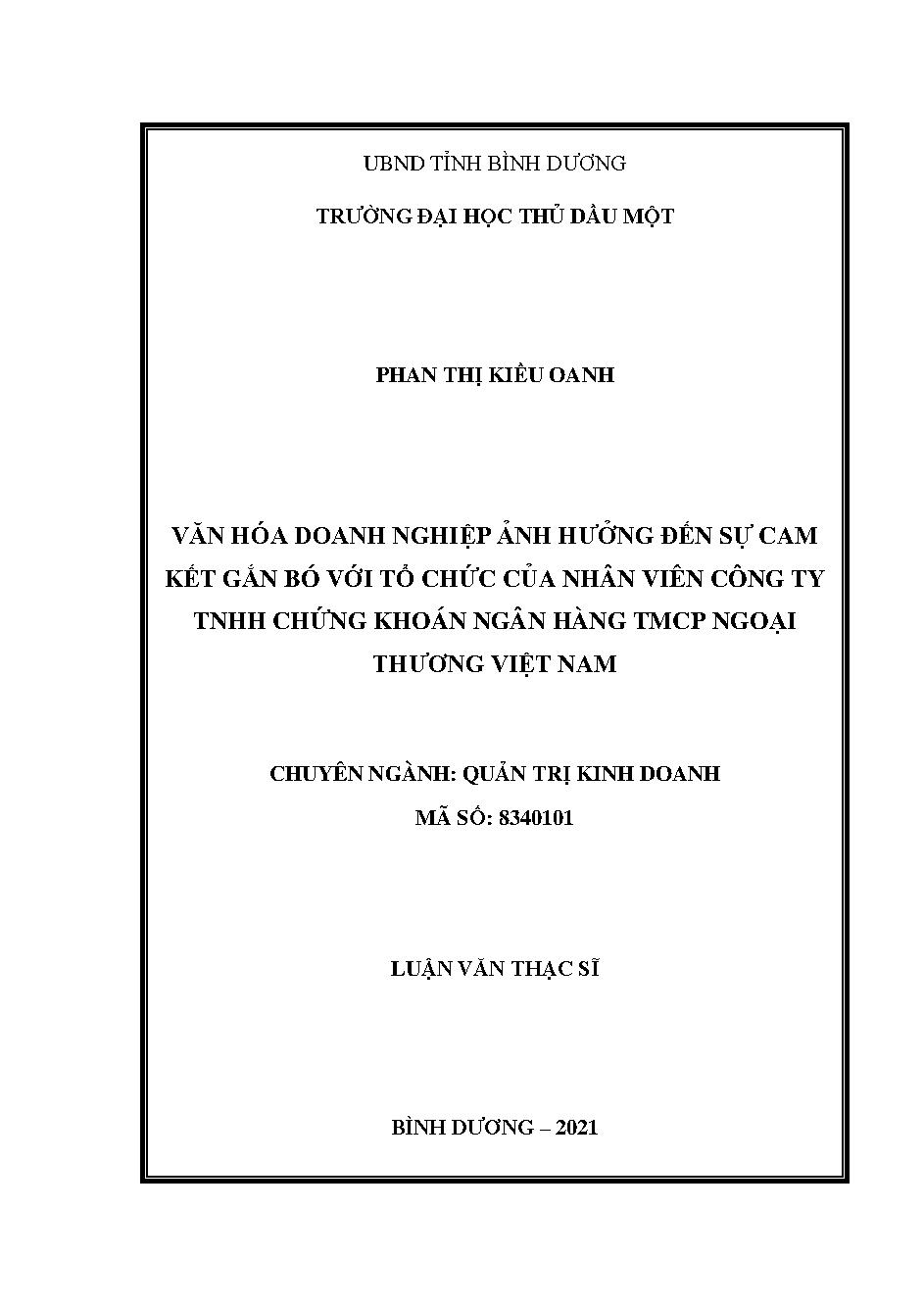 Văn hóa doanh nghiệp ảnh hưởng đến sự cam kết gắn bó với tổ chức của nhân viên Công ty TNHH Chứng khoán Ngân hàng TMCP Ngoại thương Việt Nam