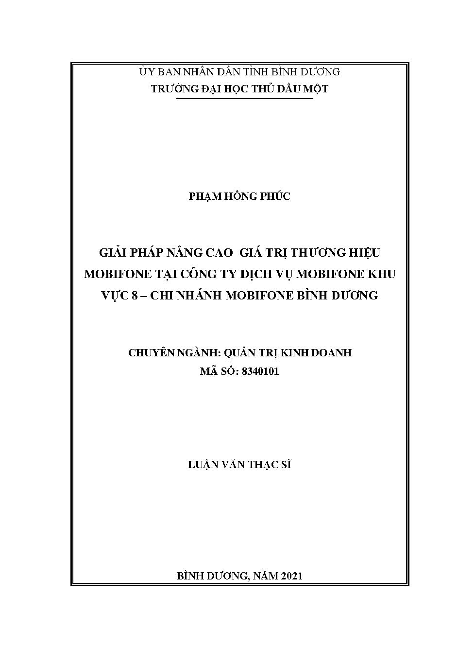 Giải pháp nâng cao giá trị thương hiệu Mobifone tại Công ty Dịch vụ Mobifone khu vực 8 - Chi nhánh Mobifone Bình Dương