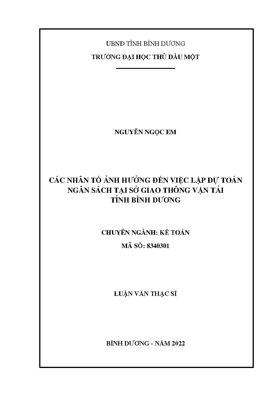 Các nhân tố ảnh hưởng đến việc lập dự toán ngân sách tại Sở Giao thông Vận tải, tỉnh Bình Dương