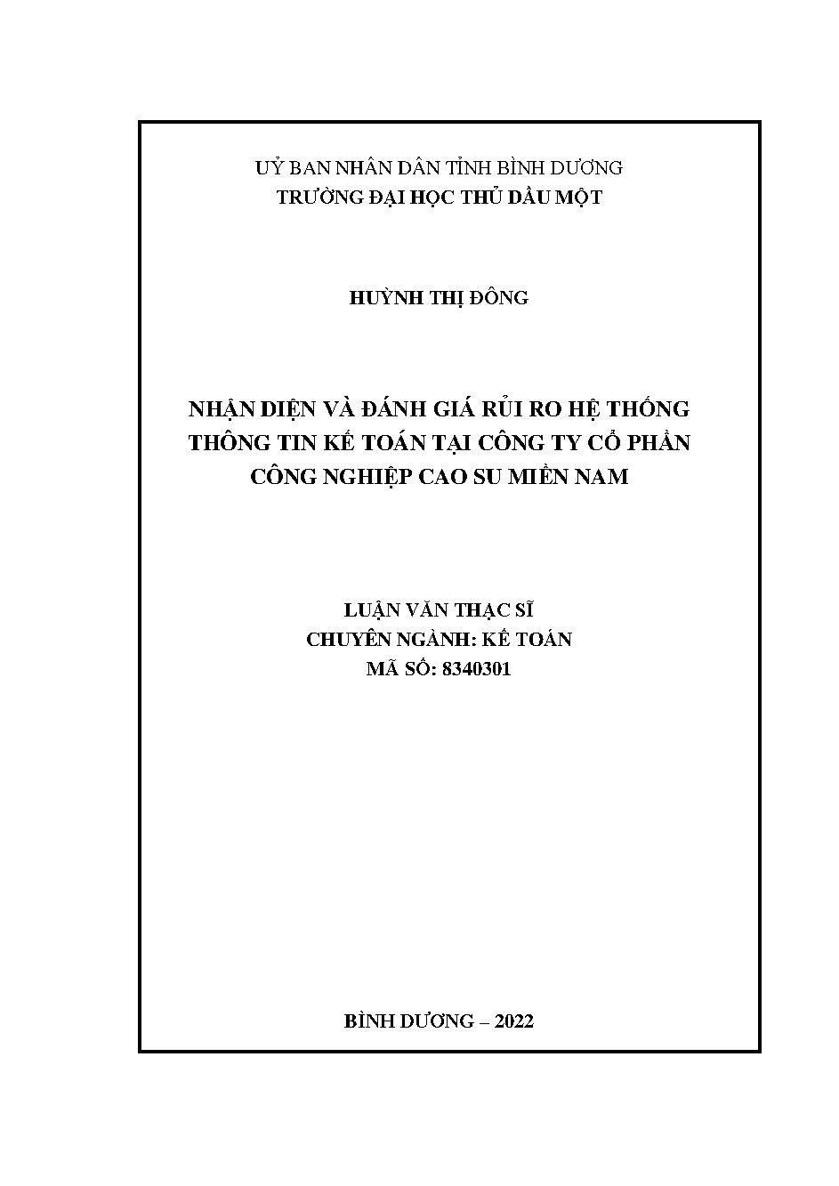 Nhận diện và đánh giá rủi ro hệ thống thông tin kế toán tại Công ty Cổ phần Công nghiệp Cao su miền Nam