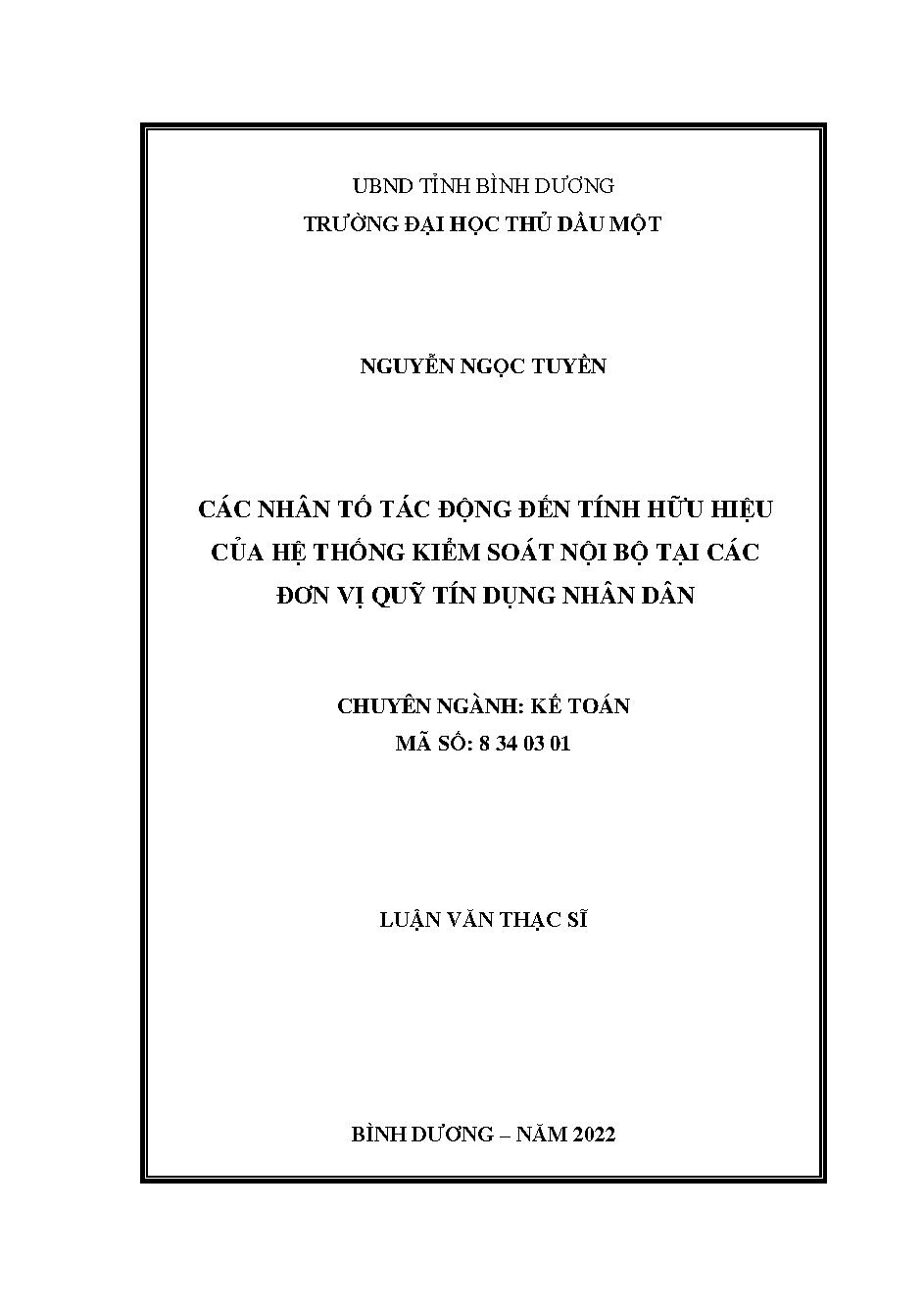 Các nhân tố tác động đến tính hữu hiệu của hệ thống kiểm soát nội bộ tại các đơn vị Quỹ tín dụng nhân dân