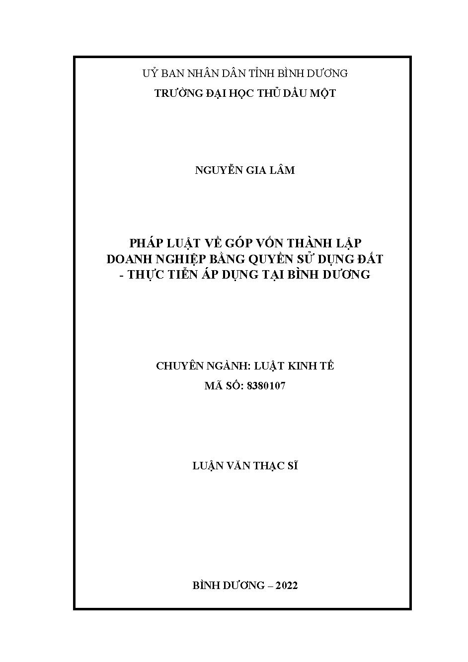 Pháp luật về góp vốn thành lập doanh nghiệp bằng quyền sử dụng đất - Thực tiễn áp dụng tại Bình Dương