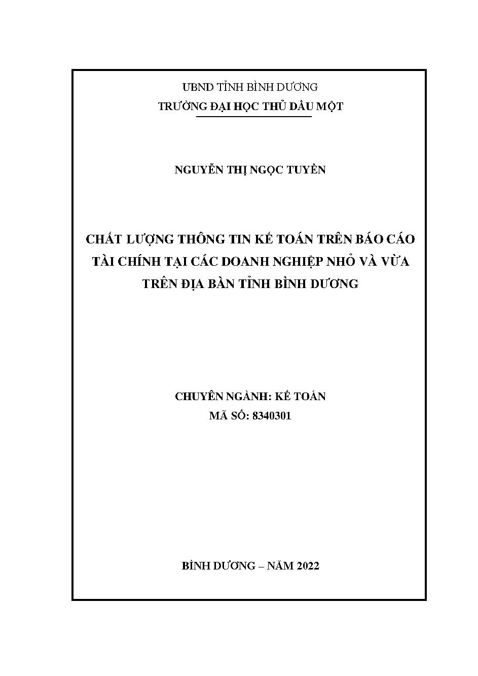 Chất lượng thông tin kế toán trên báo cáo tài chính tại các doanh nghiệp nhỏ và vừa trên địa bàn tỉnh Bình Dương