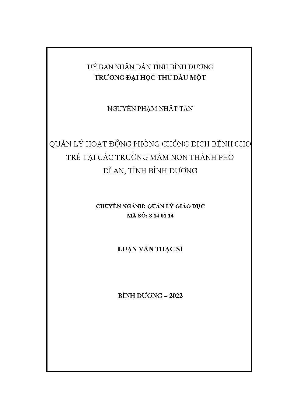 Quản lý hoạt động phòng chống dịch bệnh cho trẻ tại các trường mầm non thành phố Dĩ An, tỉnh Bình Dương