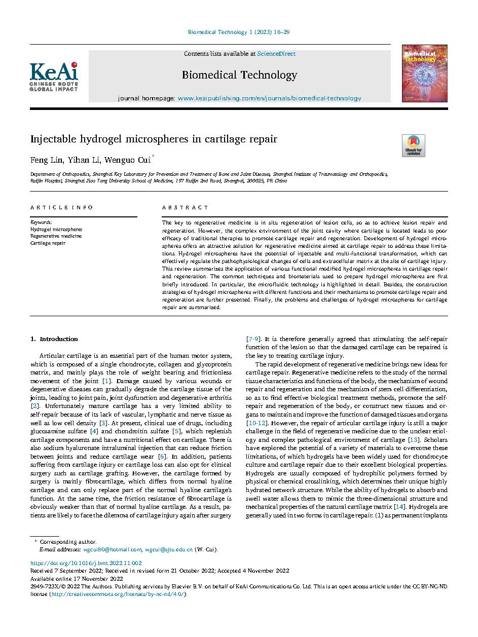 Injectable hydrogel microspheres in cartilage repair