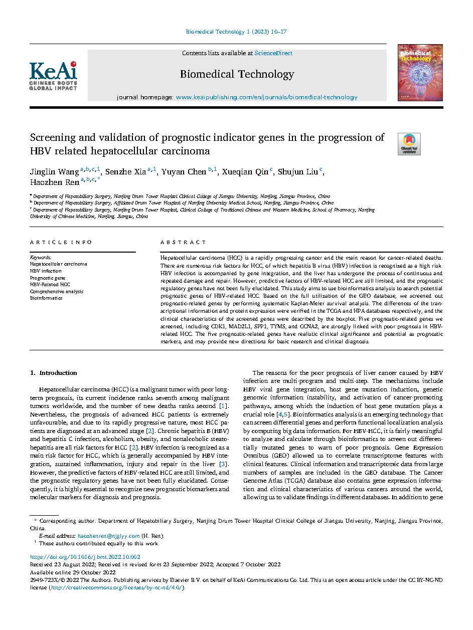 Screening and validation of prognostic indicator genes in the progression of HBV related hepatocellular carcinoma