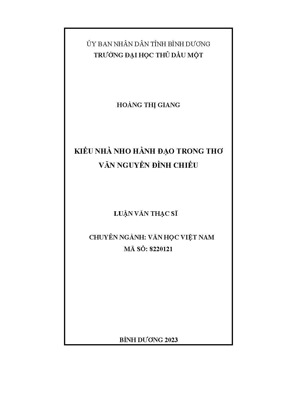 Kiểu nhà nho hành đạo trong thơ văn Nguyễn Đình Chiểu /Hoàng Thị Giang; Tạ Anh Thư (h.dẫn)