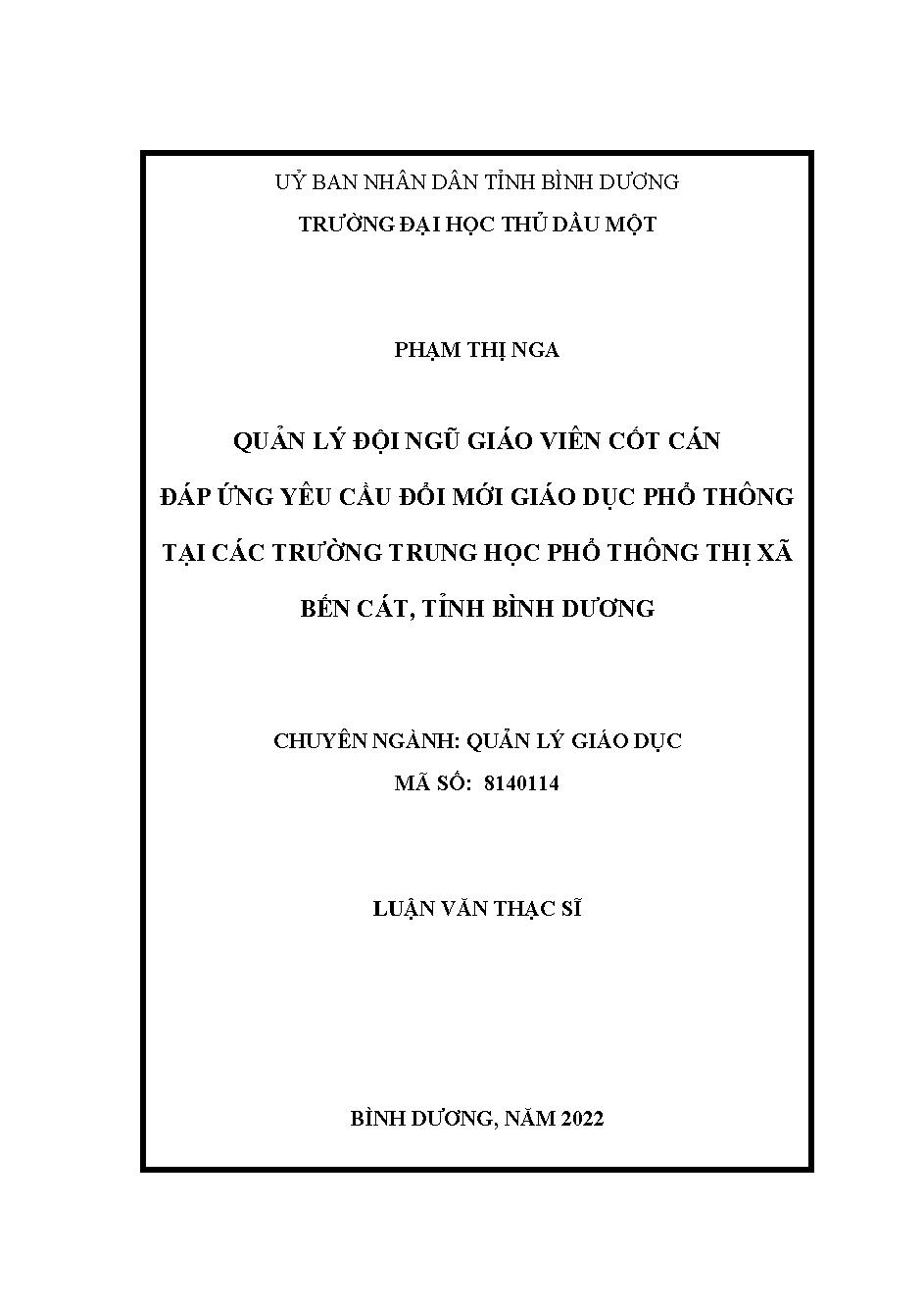 Quản lý đội ngũ giáo viên cốt cán đáp ứng yêu cầu đổi mới giáo dục phổ thông tại các trường trung học phổ thông thị xã Bến Cát, tỉnh Bình Dương