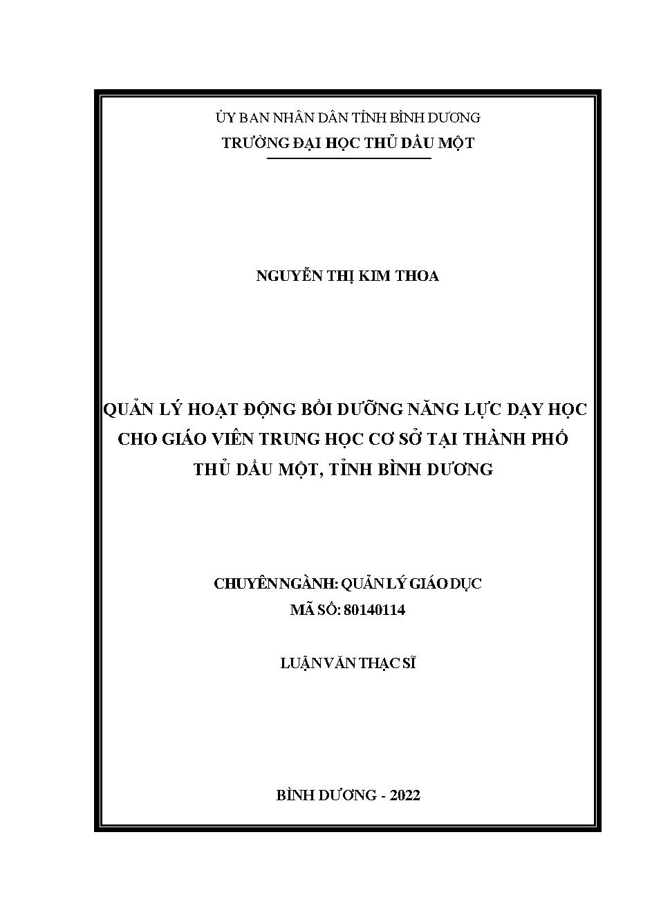 Quản lý hoạt động bồi dưỡng năng lực dạy học cho giáo viên trung học cơ sở tại thành phố Thủ Dầu Một, tỉnh Bình Dương