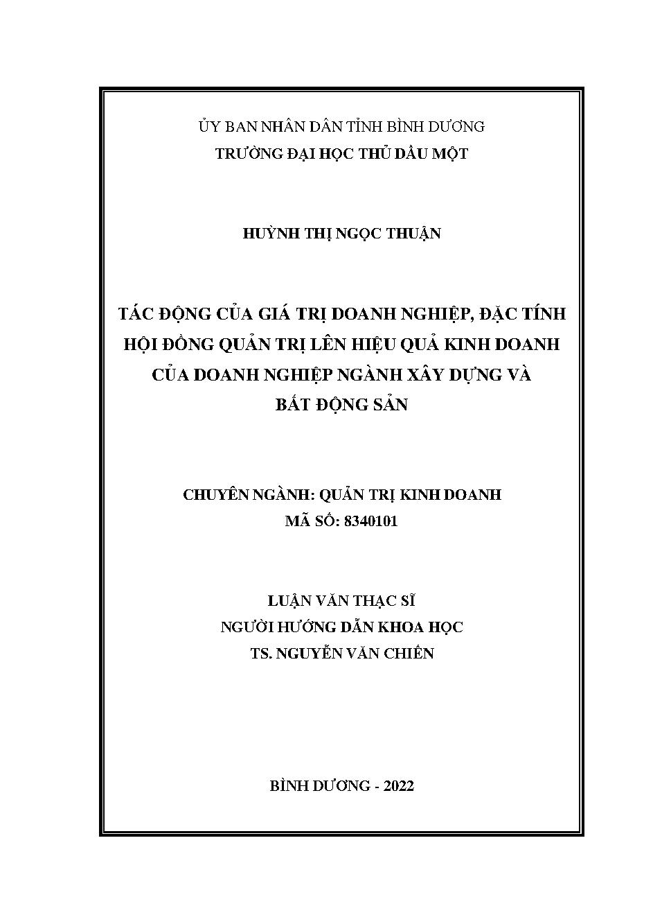 Tác động của giá trị doanh nghiệp, đặc tính hội đồng quản trị lên hiệu quả kinh doanh của doanh nghiệp ngành xây dựng và bất động sản