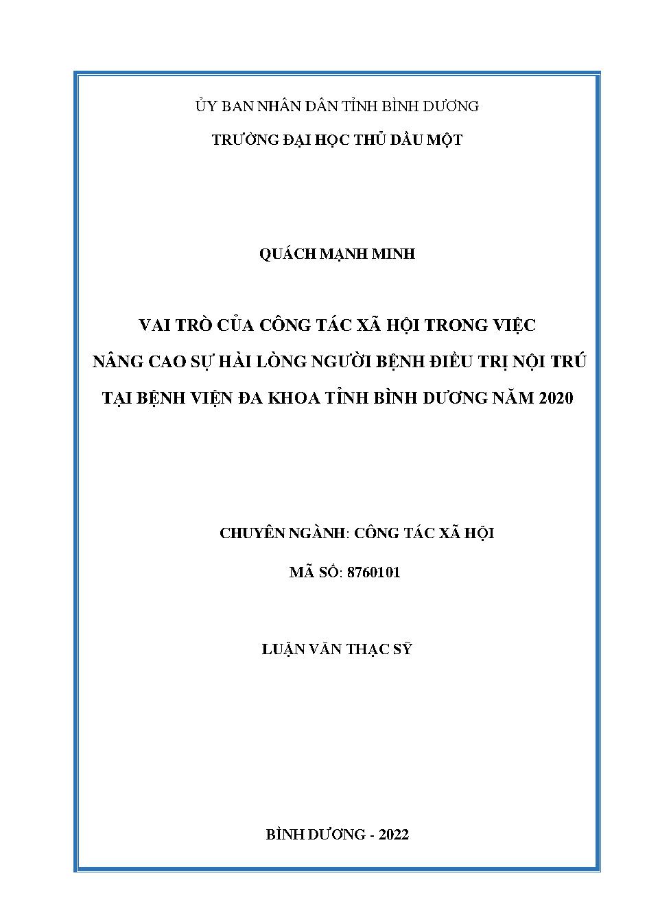 Vai trò của công tác xã hội trong việc nâng cao sự hài lòng người bệnh điều trị nội trú tại Bệnh viện đa khoa tỉnh Bình Dương năm 2020