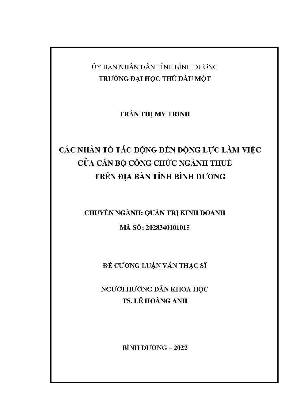 Các nhân tố tác động đến động lực làm việc của cán bộ công chức ngành thuế trên địa bàn tỉnh Bình Dương