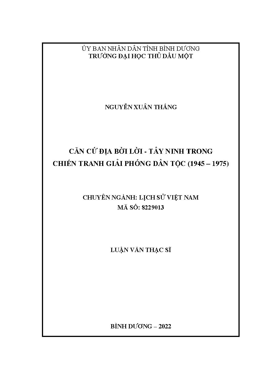 Căn cứ địa Bời Lời - Tây Ninh trong chiến tranh giải phóng dân tộc (1945 - 1975)