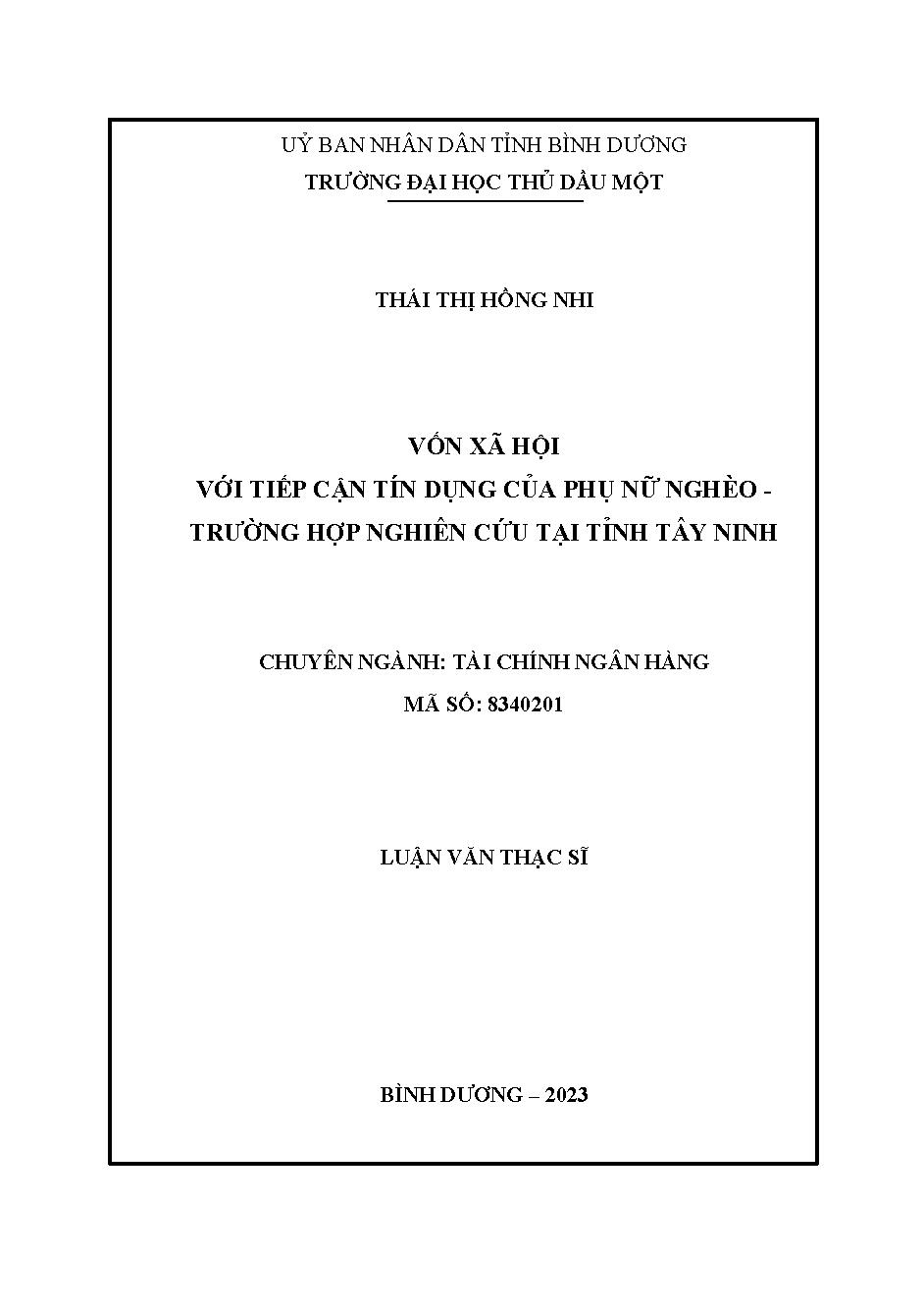 Vốn xã hội với tiếp cận tín dụng của phụ nữ nghèo - trường hợp nghiên cứu tại tỉnh Tây Ninh