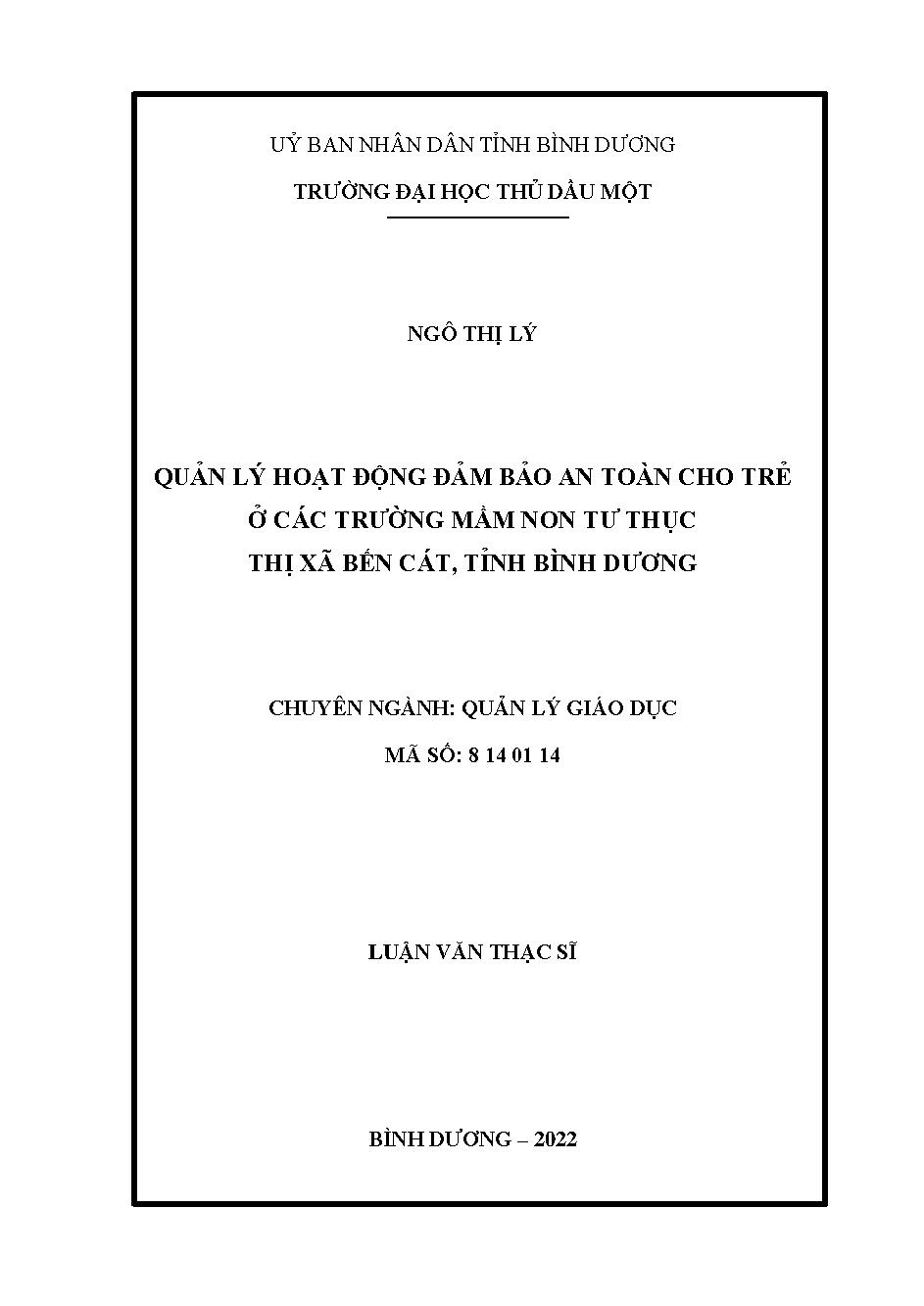 Quản lý hoạt động đảm bảo an toàn cho trẻ ở các trường mầm non tư thục thị xã Bến Cát, tỉnh Bình Dương