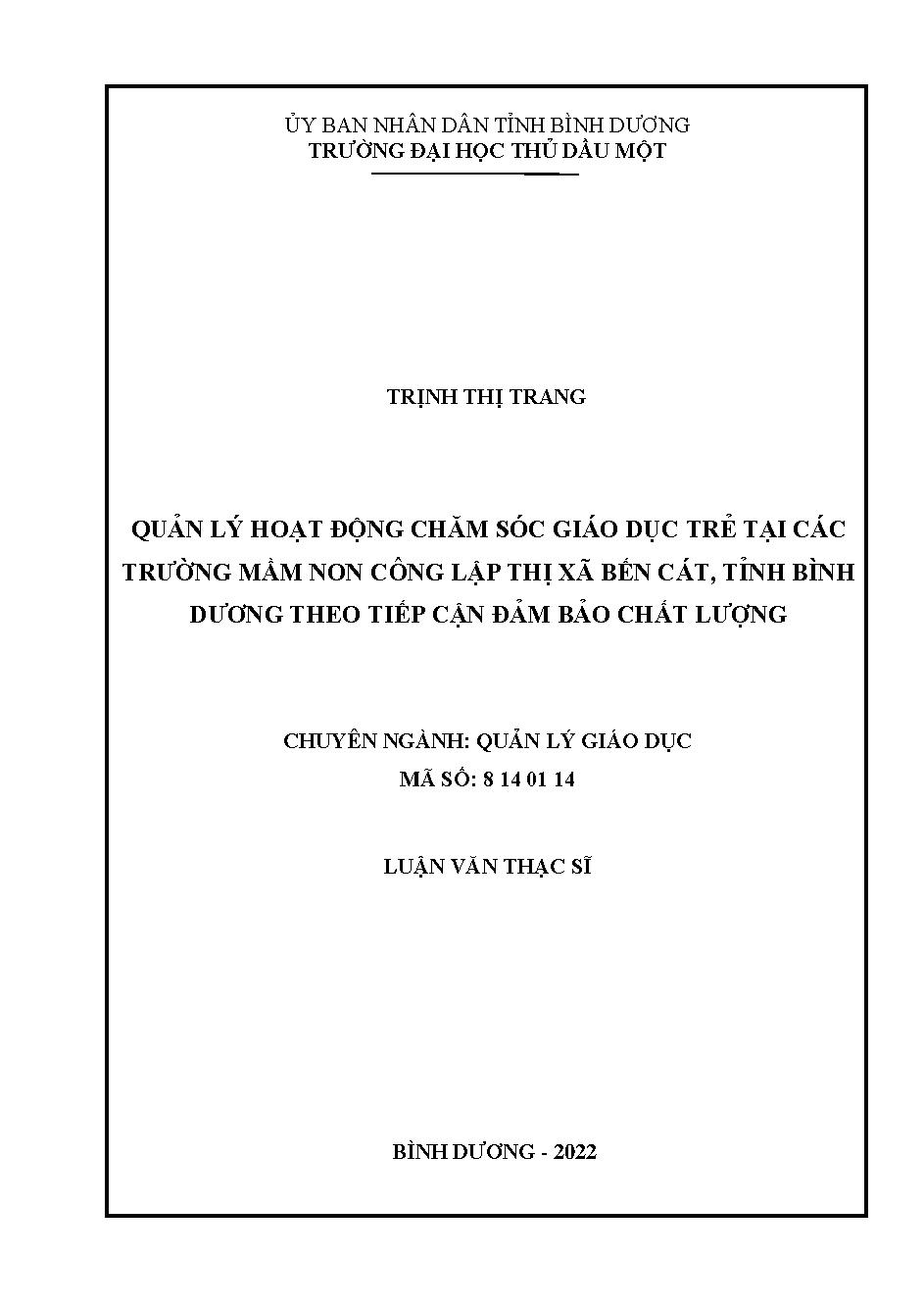 Quản lý hoạt động chăm sóc giáo dục trẻ tại các trường mầm non công lập thị xã Bến Cát, tỉnh Bình Dương theo tiếp cận đảm bảo chất lượng