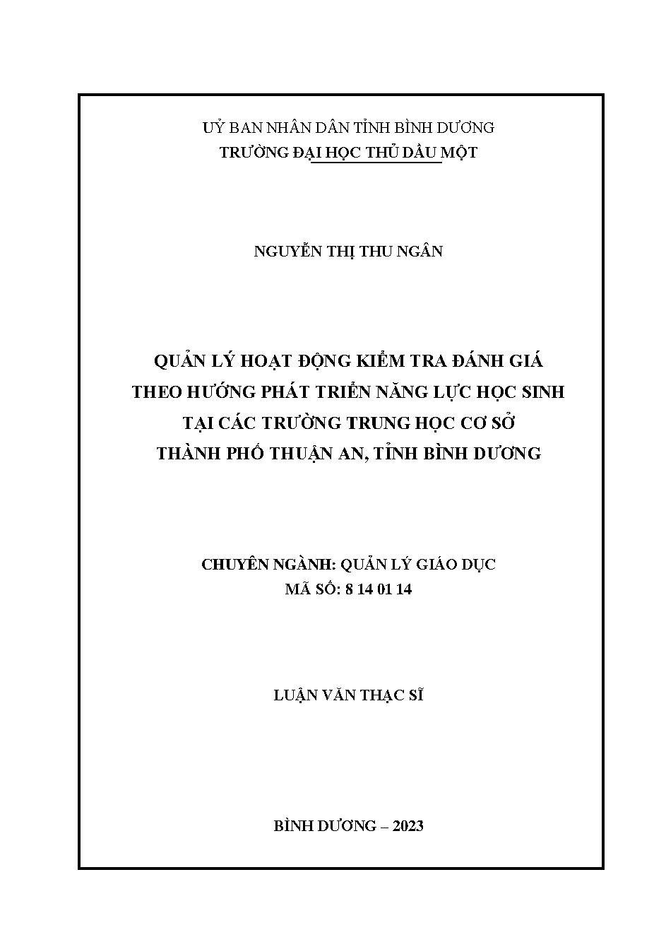 Quản lý hoạt động kiểm tra đánh giá theo hướng phát triển năng lực học sinh tại các trường trung học cơ sở thành phố Thuận An, tỉnh Bình Dương