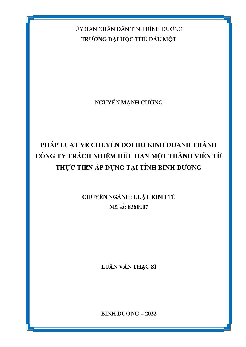 Pháp luật về chuyển đổi hộ kinh doanh thành công ty trách nhiệm hữu hạn một thành viên từ thực tiễn áp dụng tại tỉnh Bình Dương