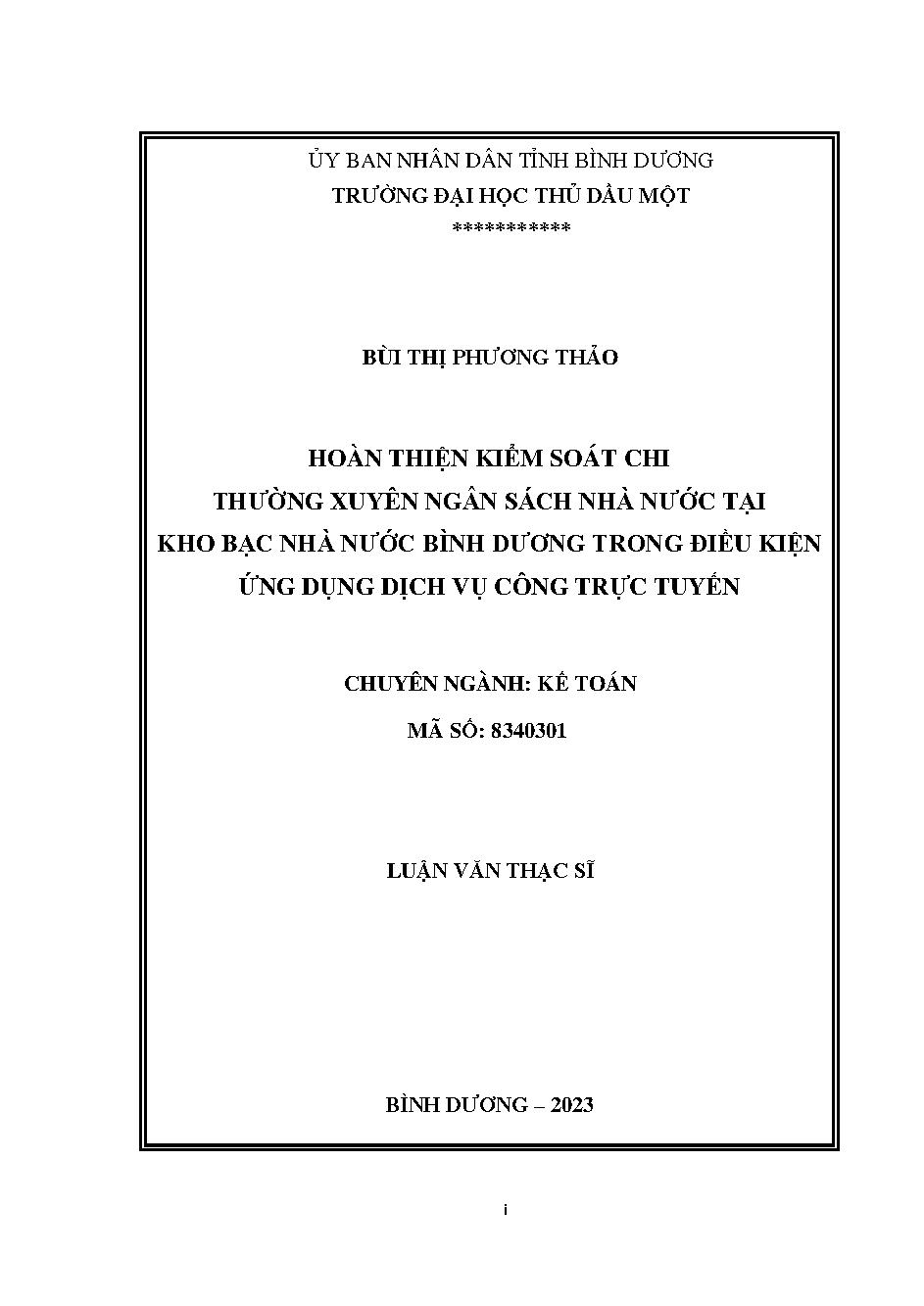 Hoàn thiện kiểm toán chi thường xuyên ngân sách nhà nước tại kho bạc nhà nước Bình Dương trong điều kiện ứng dụng dịch vụ công trực tuyến