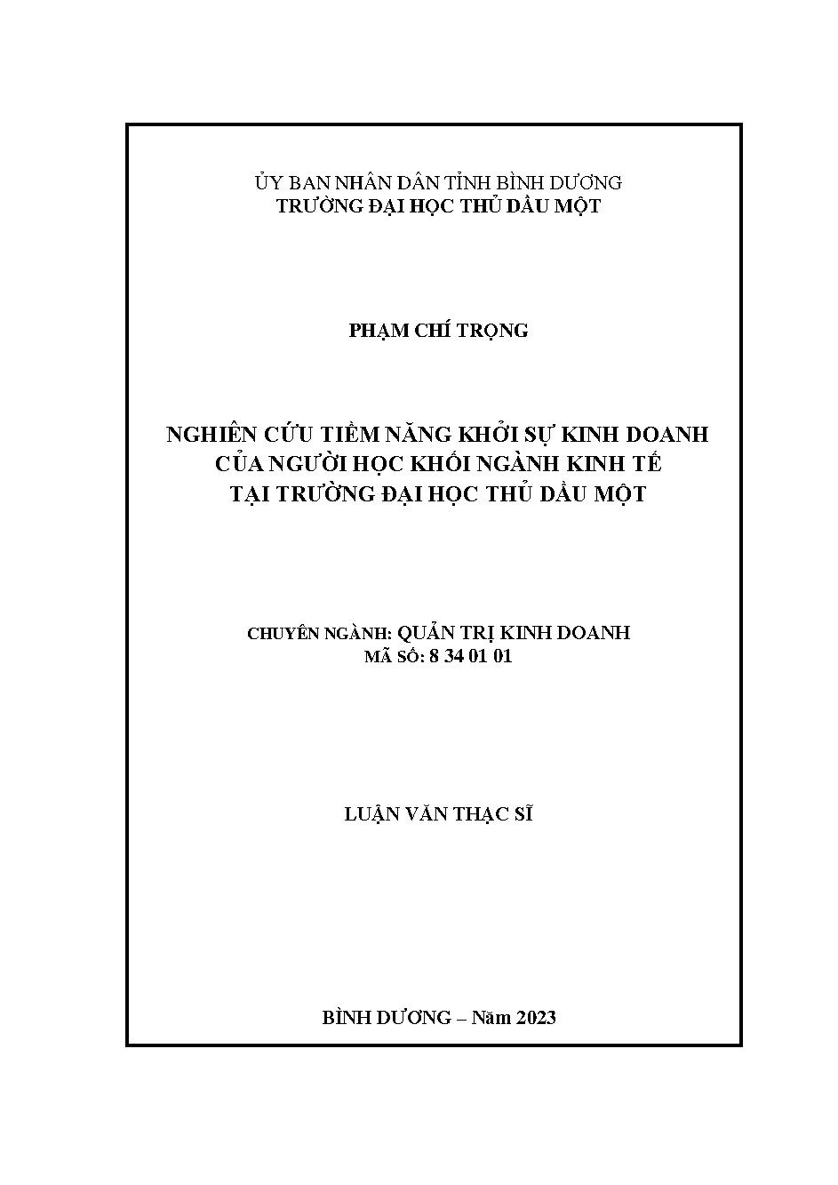 Nghiên cứu tiềm năng khởi sự kinh doanh của người học khối ngành Kinh tế tại Trường Đại học Thủ Dầu Một