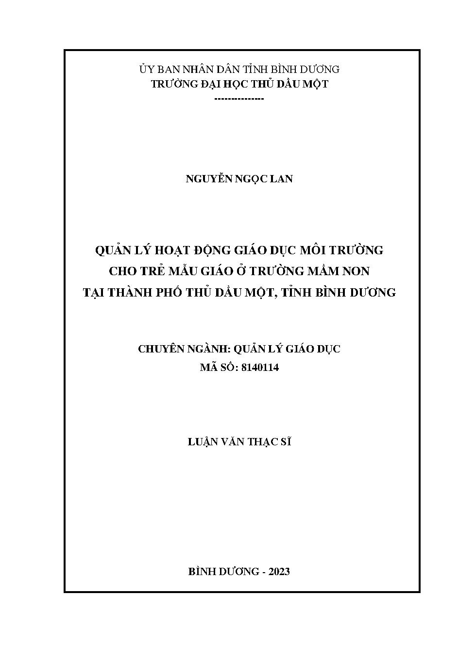 Quản lý hoạt động giáo dục môi trường cho trẻ mẫu giáo ở trường mầm non tại thành phố Thủ Dầu Một, tỉnh Bình Dương