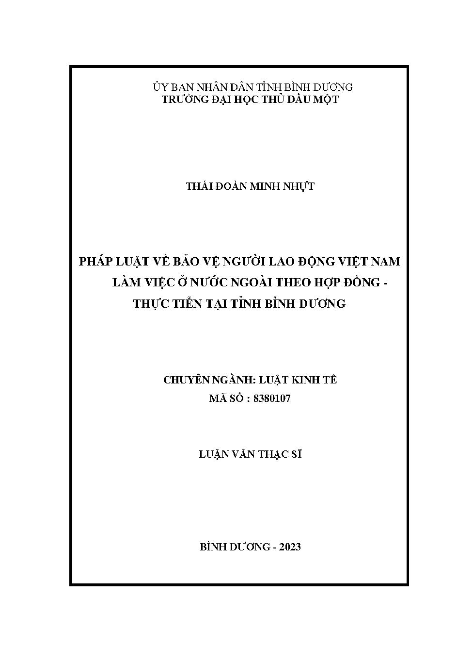 Pháp luật về bảo vệ người lao động Việt Nam làm việc ở nước ngoài theo hợp đồng - Thực tiễn tại tỉnh Bình Dương