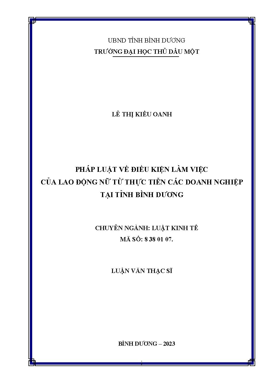 Pháp luật về điều kiện làm việc của lao động nữ từ thực tiễn các doanh nghiệp tại tỉnh Bình Dương