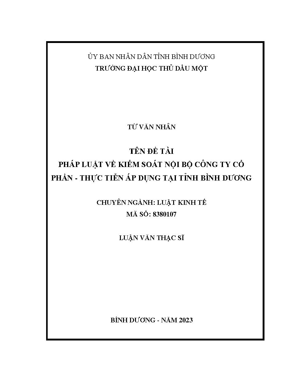 Pháp luật về kiểm soát nội bộ công ty cổ phần - Thực tiễn áp dụng tại tỉnh Bình Dương