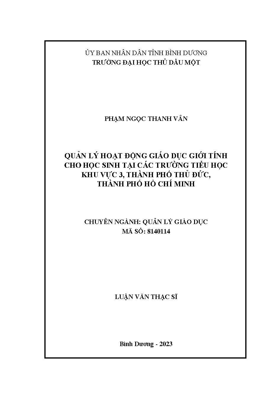 Quản lý hoạt động giáo dục giới tính cho học sinh tại các trường tiểu học Khu vực 3, thành phố Thủ Đức, thành phố Hồ Chí Minh