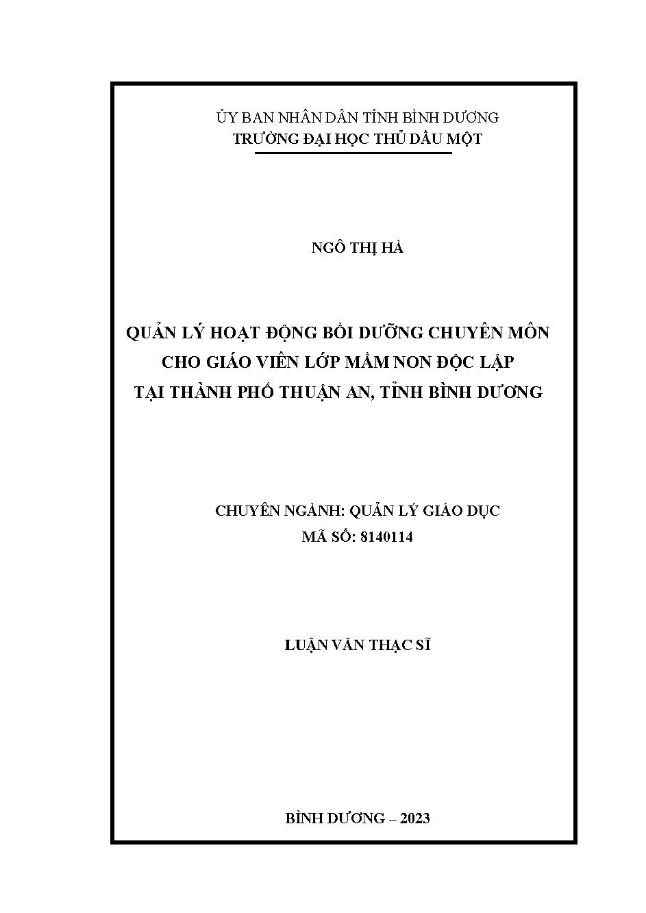 Quản lý hoạt động bồi dưỡng chuyên môn cho giáo viên lớp mầm non độc lập tại thành phố Thuận An, tỉnh Bình Dương