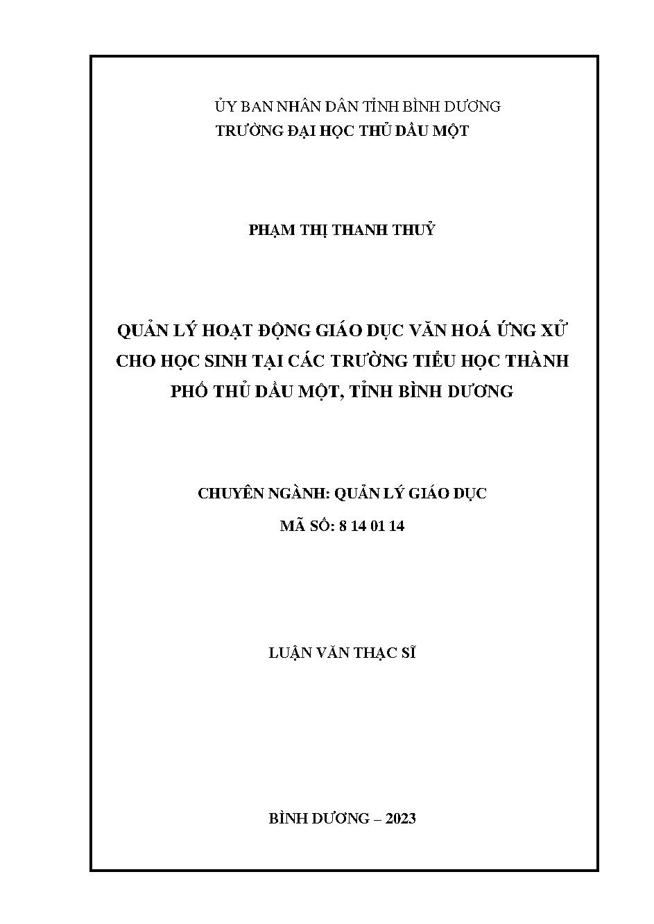 Quản lý hoạt động giáo dục văn hoá ứng xử cho học sinh tại các trường tiểu học thành phố Thủ Dầu Một, tỉnh Bình Dương