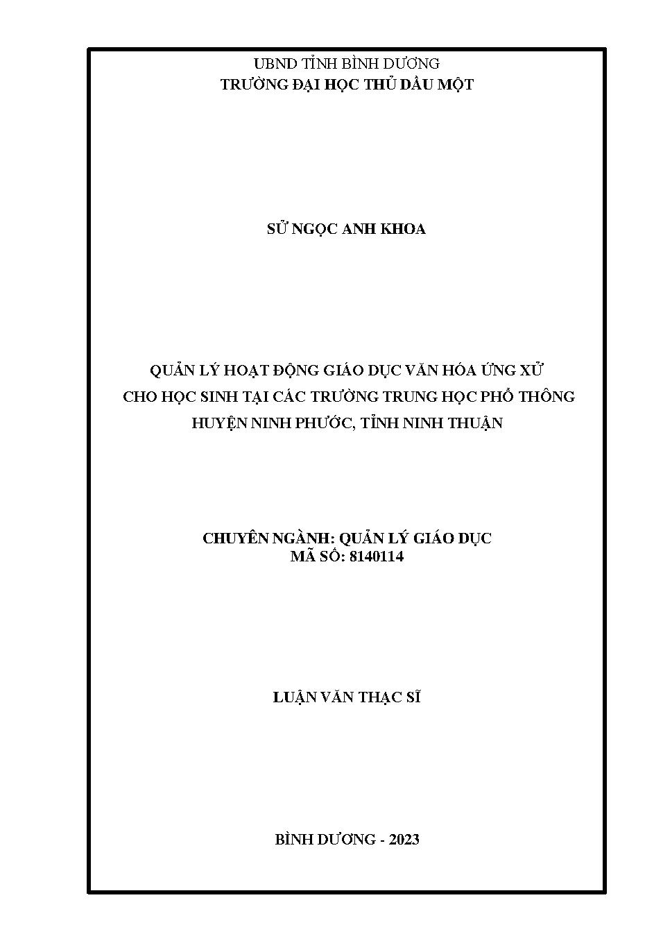 Quản lý hoạt động giáo dục văn hóa ứng xử cho học sinh tại các trường trung học phổ thông huyện Ninh Phước, tỉnh Ninh Thuận