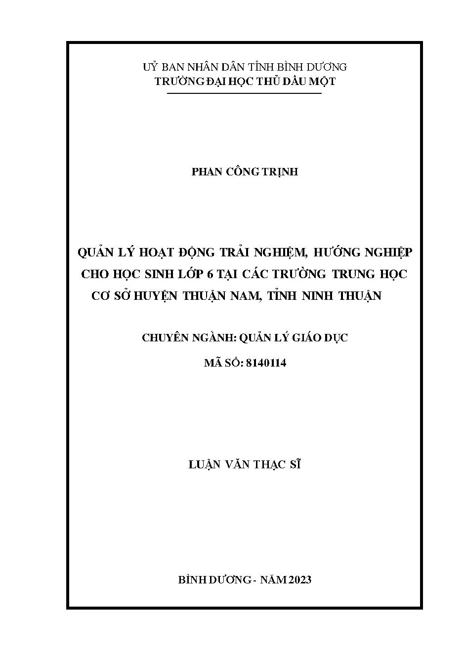 Quản lý hoạt động trải nghiệm, hướng nghiệp cho học sinh lớp 6 tại các trường trung học cơ sở huyện Thuận Nam, tỉnh Ninh Thuận