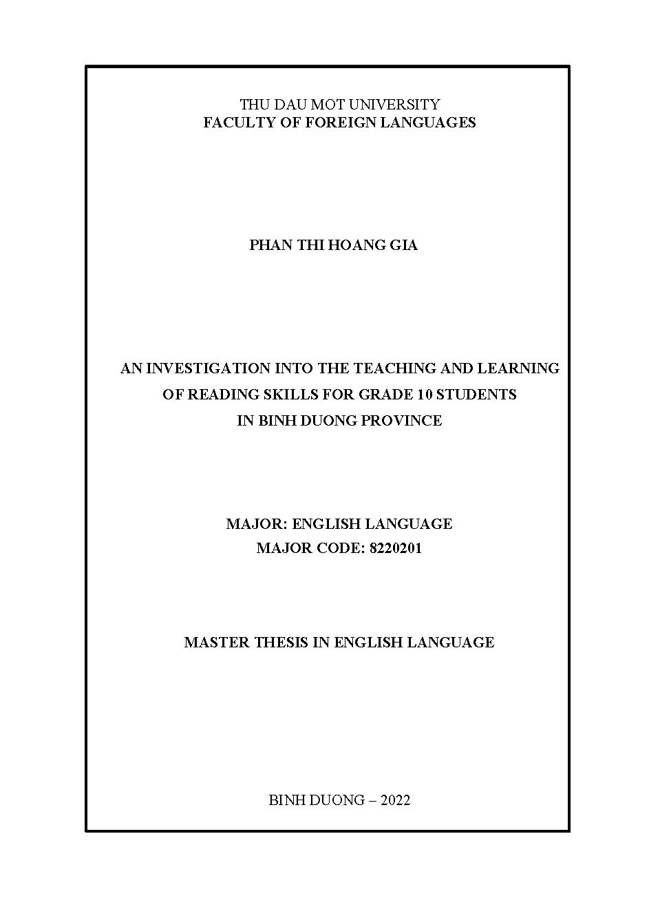 An Investigation into the teaching and learning of reading skills for grade 10 students in Binh Duong province