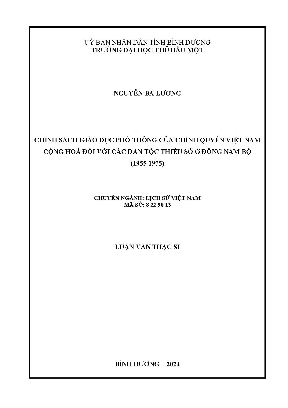 Chính sách giáo dục phổ thông của chính quyền Việt Nam Cộng hòa đối với các dân tộc thiểu số ở Đông Nam Bộ (1955 - 975)