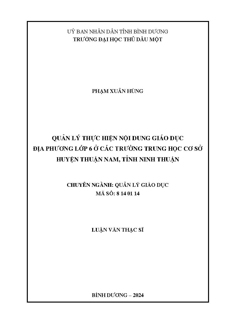 Quản lý thực hiện nội dung giáo dục địa phương lớp 6 ở các trường trung học cơ sở huyện Thuận Nam, tỉnh Ninh Thuận