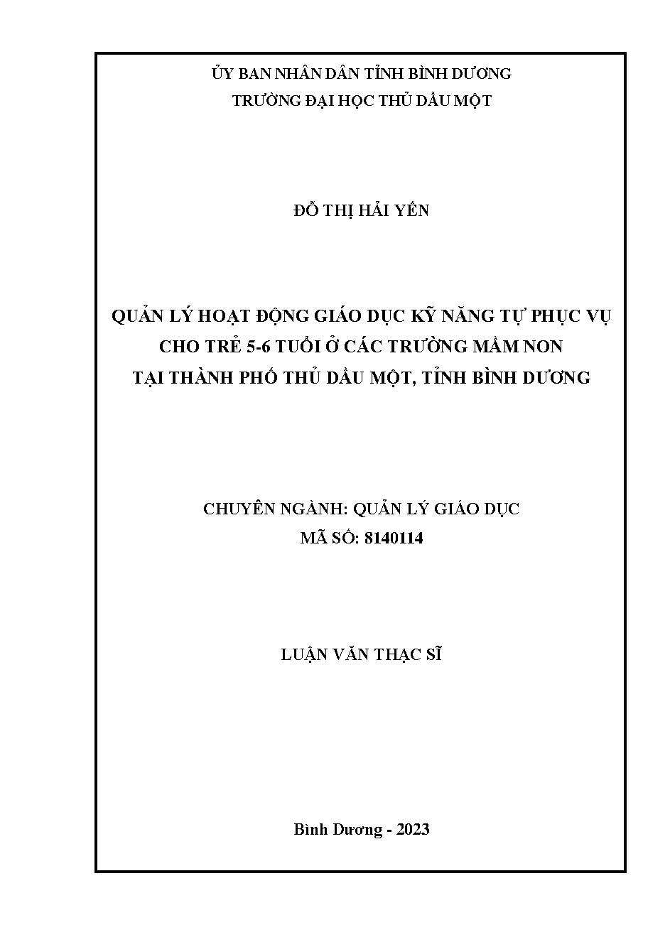 Quản lý hoạt động giáo dục kỹ năng tự phục vụ cho trẻ 5 - 6 tuổi ở các trường mầm non tại thành phố Thủ Dầu Một, tỉnh Bình Dương