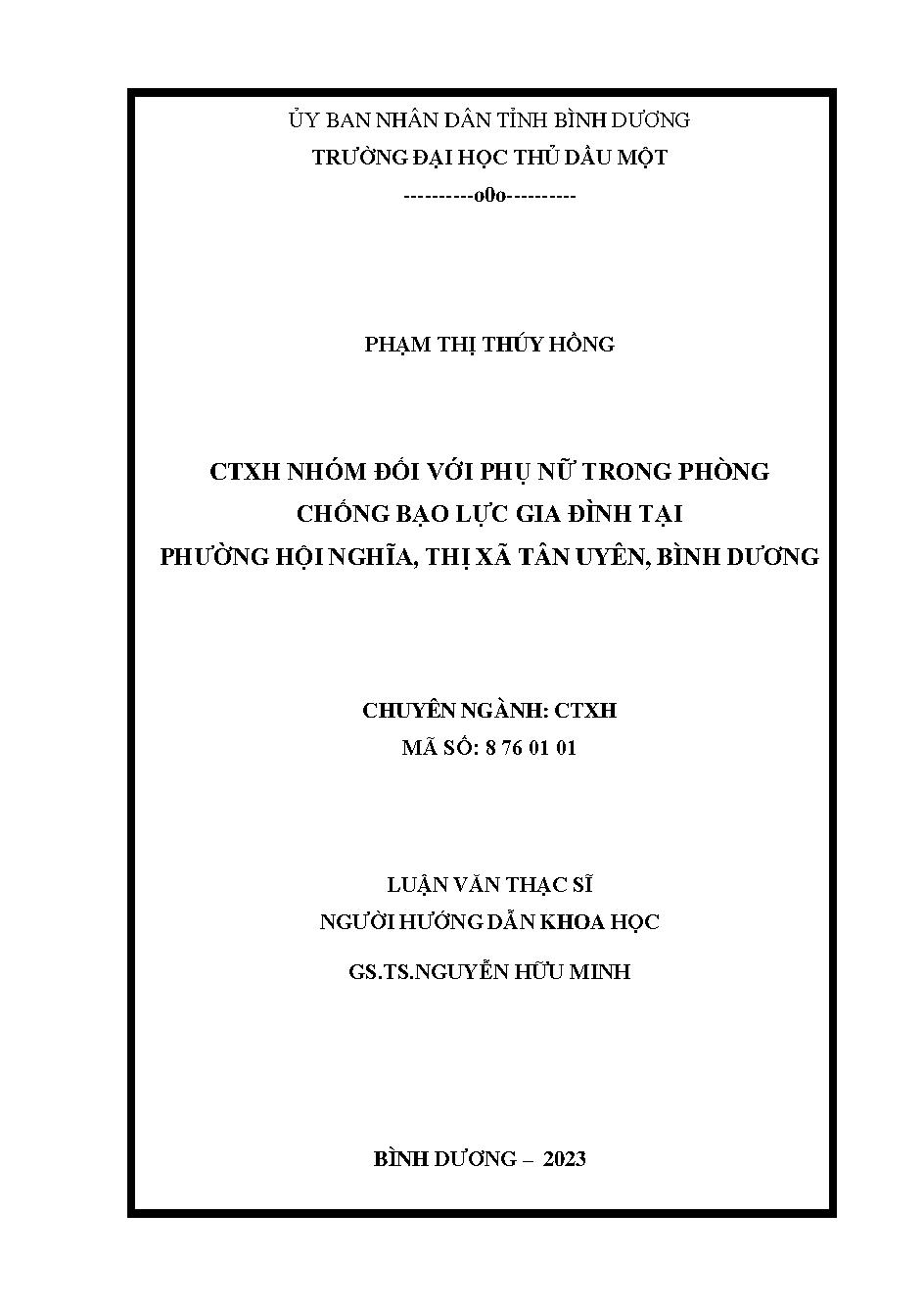 CTXH nhóm đối với phụ nữ trong phòng chống bạo lực gia đình tại phường Hội Nghĩa, thị xã Tân Uyên Bình Dương