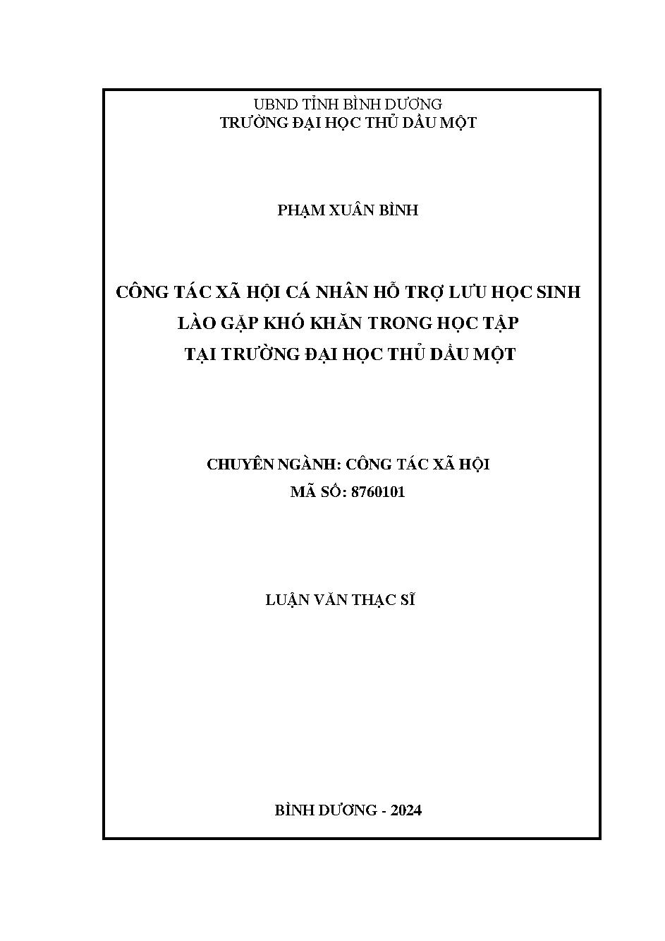 Công tác xã hội cá nhân hỗ trợ lưu học sinh Lào gặp khó khăn trong học tập tại Trường Đại học Thủ Dầu Một