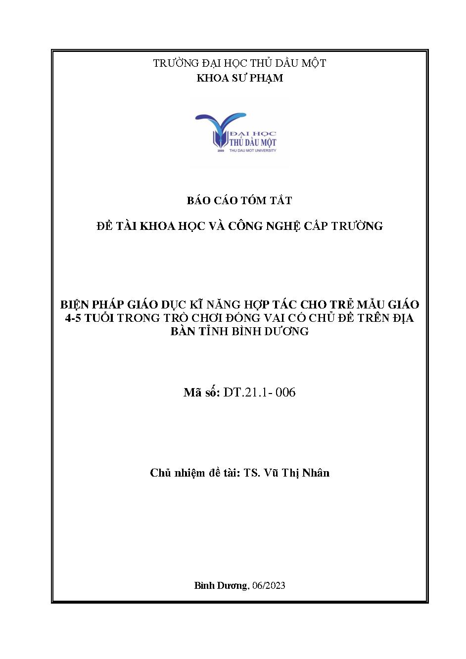 Biện pháp giáo dục kỹ năng hợp tác cho trẻ mẫu giáo 4-5 tuổi trong trò chơi đóng vai có chủ đề trên địa bàn tỉnh Bình Dương