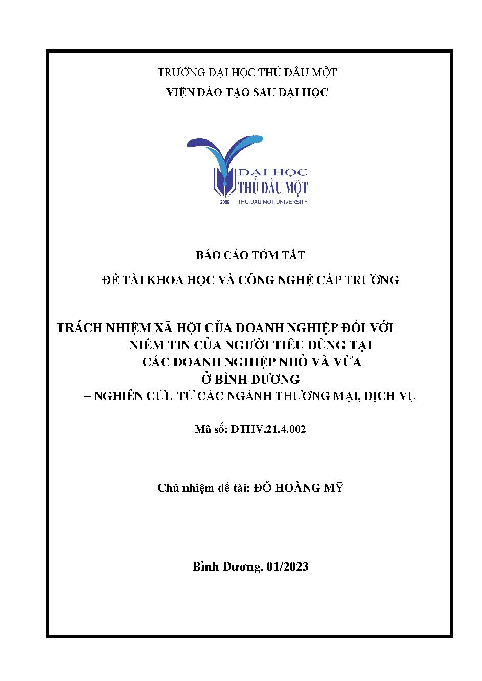 Trách nhiệm xã hội của doanh nghiệp đối với niềm tin của người tiêu dùng tại các doanh nghiệp nhỏ và vừa ở Bình Dương