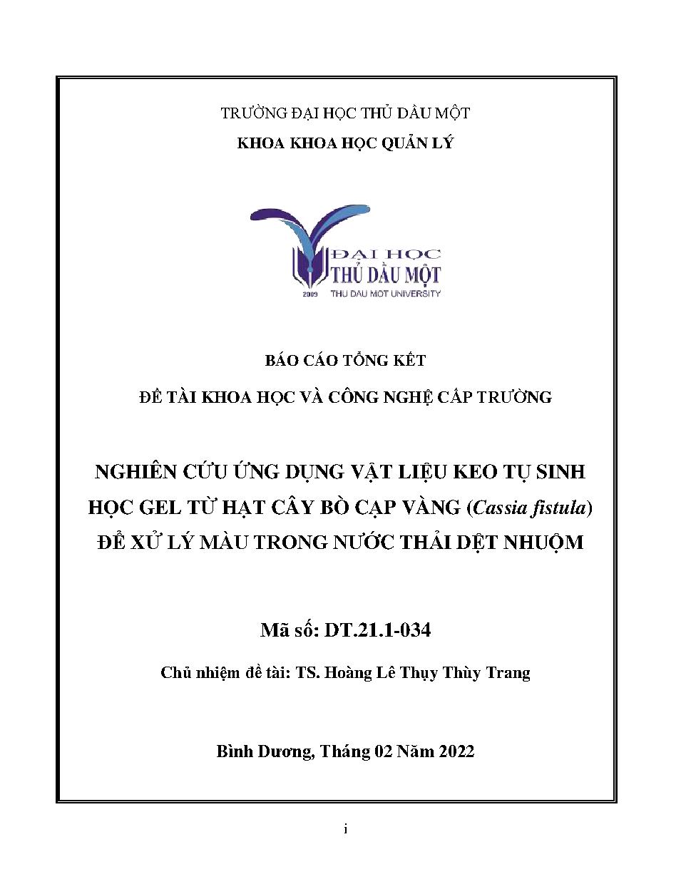 Nghiên cứu ứng dụng vật liệu keo tụ sinh học gel từ hạt cây bọ cạp vàng (cassia fistula) để xử lý màu trong nước thải dệt nhuộm