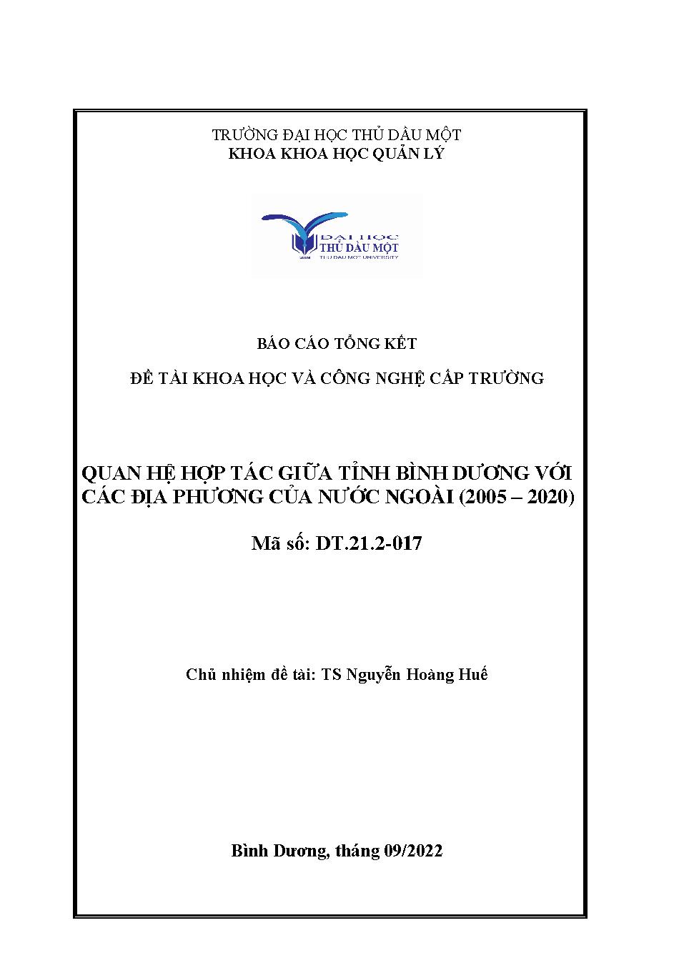 Quan hệ hợp tác giữa tỉnh Bình Dương với các địa phương của nước ngoài (2005 - 2020)