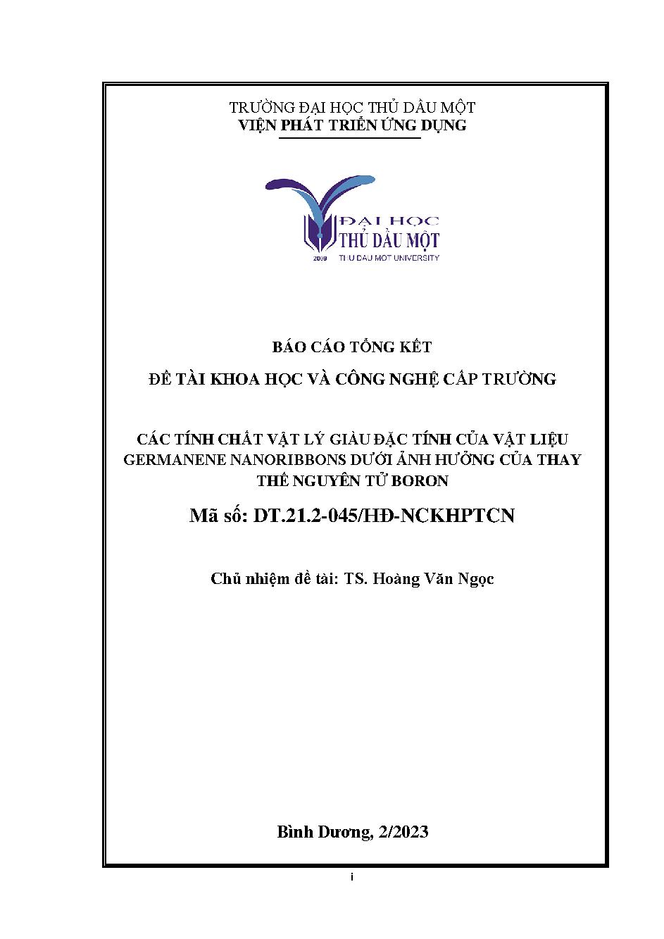 Các tính chất vật lý giàu đặc tính của vật liệu Germanene Nanoribbons dưới ảnh hưởng của thay thế nguyên tử Boron