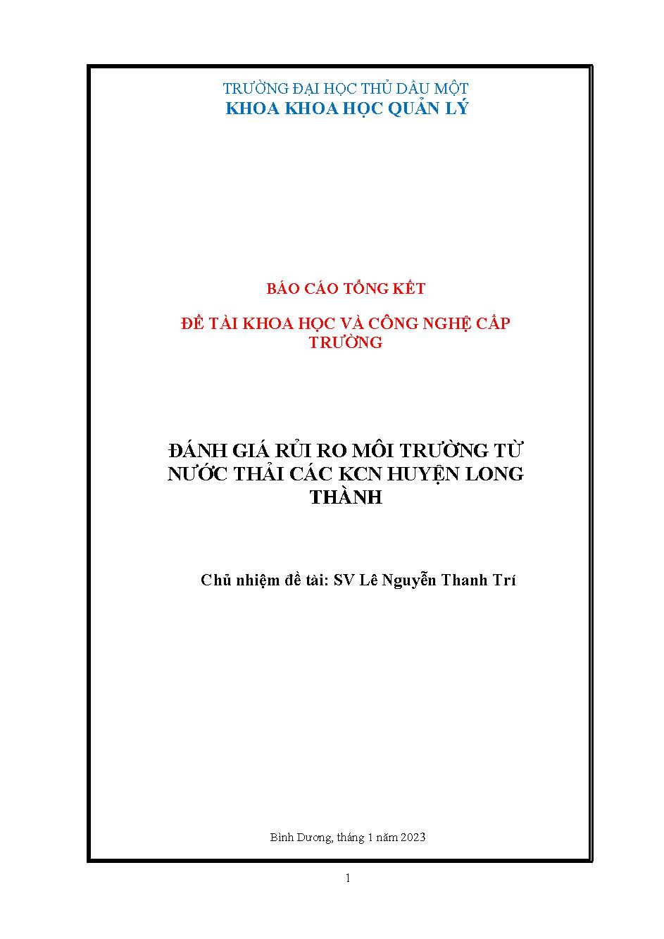 Đánh giá rủi ro môi trường từ nước thải các KCN huyện Long Thành