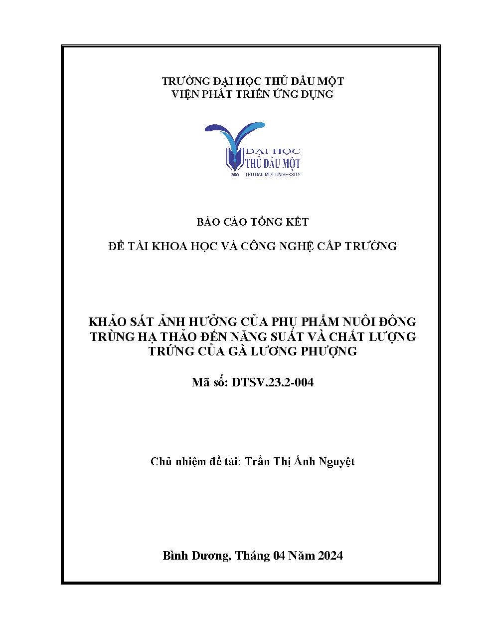 Khảo sát ảnh hưởng của phụ phẩm nuôi đông trùng hạ thảo đến năng suất và chất lượng trứng của gà Lương Phượng