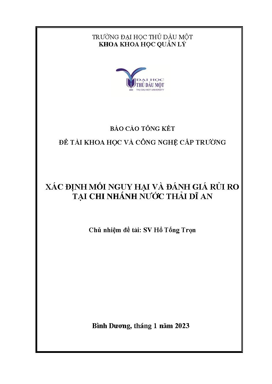 Xác định mối nguy hại và đánh giá rủi ro tại chi nhánh nước thải Dĩ An