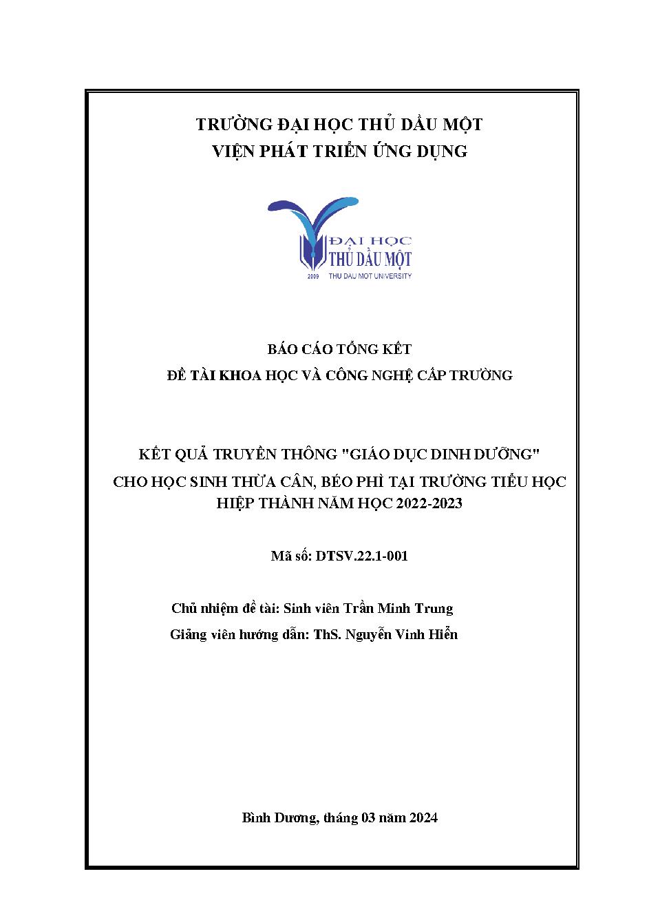 Kết quả truyền thông "Giáo dục dinh dưỡng" cho học sinh thừa cân, béo phì tại trường Tiểu học hiệp Thành năm học 2022-2023